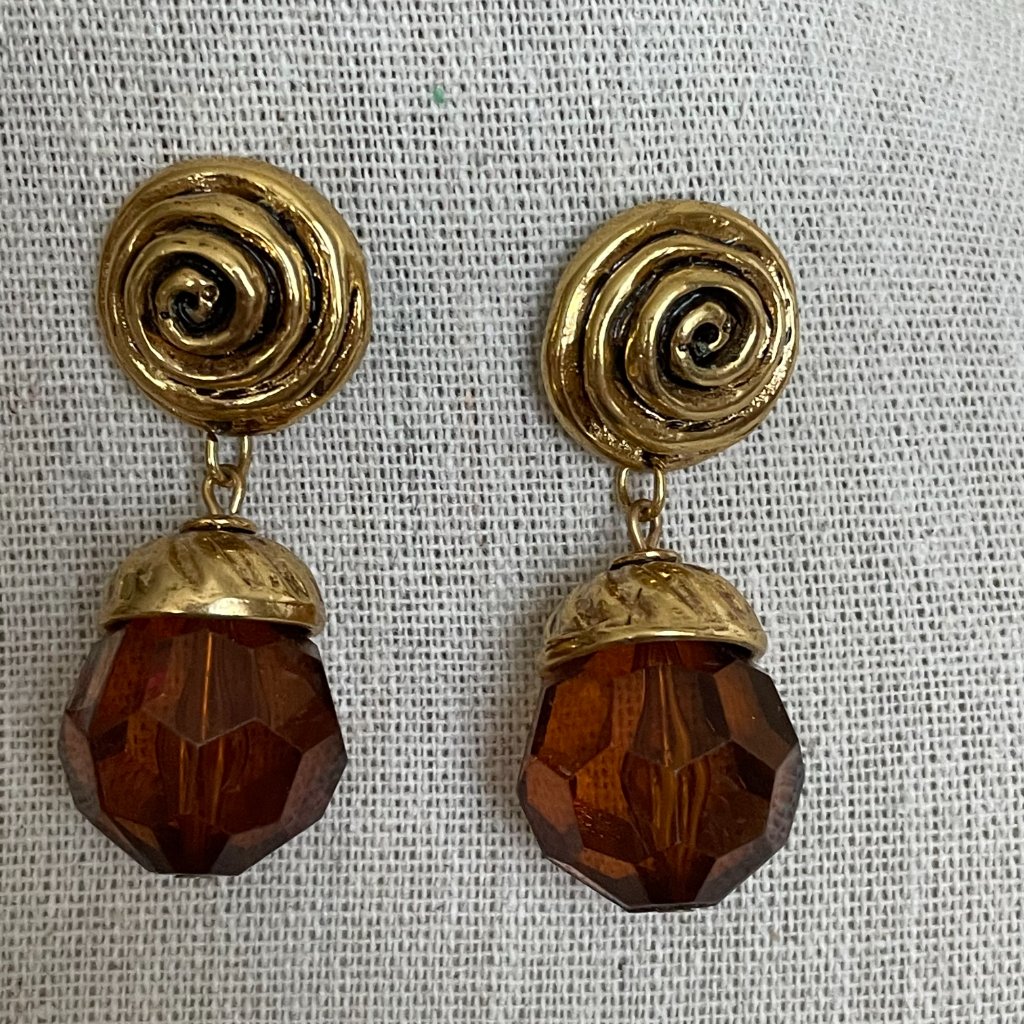 Vintage Chunky Gold Tone Brown Lucite Swirl Acorn Dangle Pierced Earrings 39$